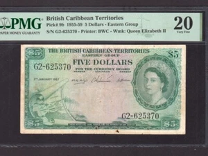 British Caribbean Territories:P-9b, 5$, 1957 * Queen Elizabeth II * PMG VF 20 * - Picture 1 of 2
