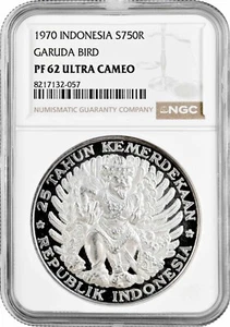 Indonesia 750 rupias 1970, NGC PF62 UC, "Independencia - Pájaro Garuda" moneda de plata - Imagen 1 de 2