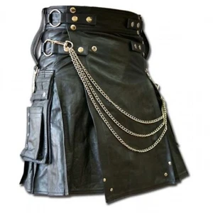 Mens Pure Black Leather Scottish Kilts Warrior Traditional Kilts Gothic LARP - Picture 1 of 1