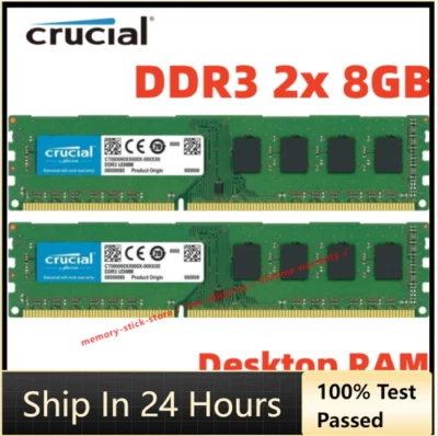 CRUCIAL DDR3 2x 8GB 16GB PC3-12800 Desktop 1600MHz 240pin DIMM Memory RAM 16G 8G - Image 1 of 4