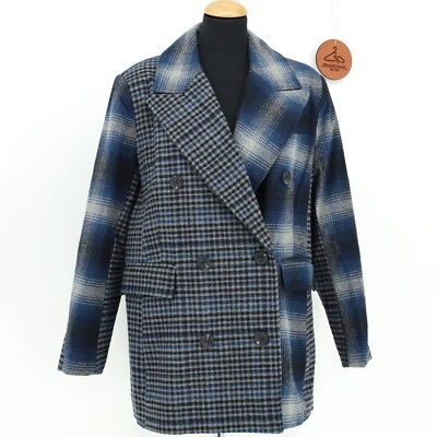 Jaqueta Blazer Xadrez 7 For All Mankind Double Breasted Azul Mix Nova Com Etiqueta Tamanho Grande - Imagem 1 de 4