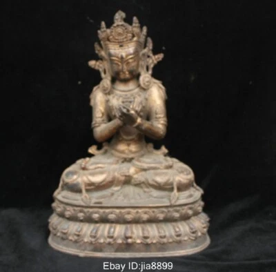 13.2" Old China Tibet Buddhism Bronze Gild Kwan-yin Guan Yin Boddhisattva Statue - Image 1 of 4