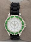 Ladies Casual Round Silver Tone Green Bezel Black Silicone Band Analog Watch I7