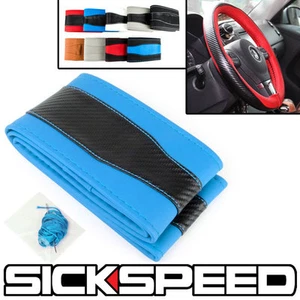 BLUE/BLACK CARBON FIBER STEERING WHEEL COVER GRIP ANTI SLIP FOR 14" 15" CAR P4 - Bild 1 von 1