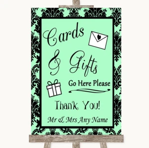 Cartel de boda personalizado de mesa de regalos y tarjetas damasco verde como nuevo - Imagen 1 de 8