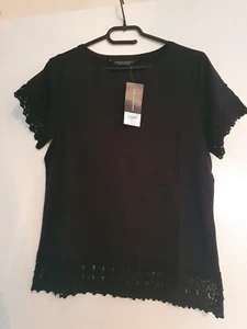 Dorothy Perkins Black Crew Neck Tshirt UK 12 Crochet Hem Short Sleeve Summer