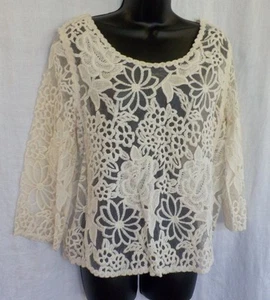 Fever Sheer Knit Crochet Top Size L NWT Creme Floral Cotton Blend 3/4 Sleeves - Picture 1 of 12