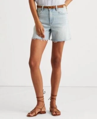 Shorts Ralph Lauren Cintura Alta Denim Miramar Lavagem Azul Bainha Desgastada Tamanho 8 NOVO - Imagem 1 de 4