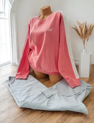 粉色 Victorias Secret 抓绒圆领运动衫和拉丝编织工装裤 — 第 1/4 张图片