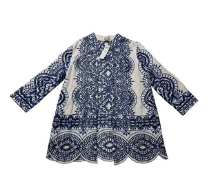 NWT Chico's Jacket Women's 0 Small White Blue Embroidered Scallop Hem Linen Boho - Picture 1 of 12