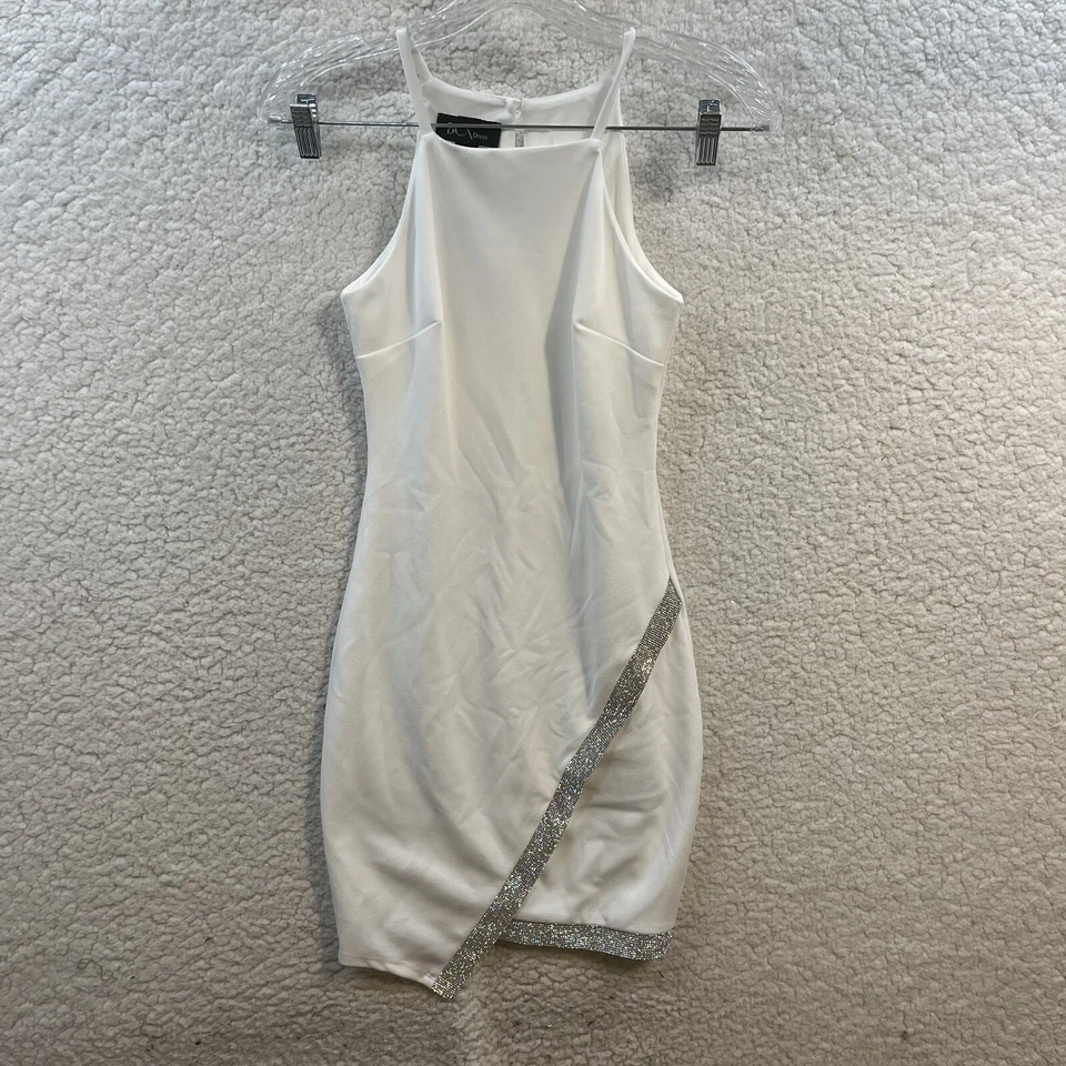 BCX Spaghetti Strap Rhinestone Trim Asymmetrical Hem Cocktail Dress White Small