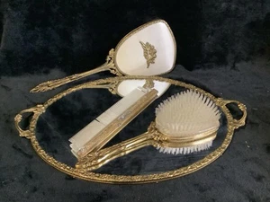 Antique 1930-1940’s 24k Gold Plated Dressing Mirror Hand Mirror Brush & Comb Set - Picture 1 of 14