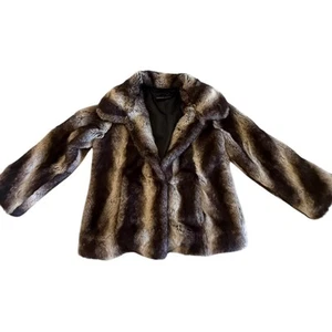 Manteau veste rayé noir marron fausse fourrure Pamela McCoy doublure satin femme S/M - Photo 1/5