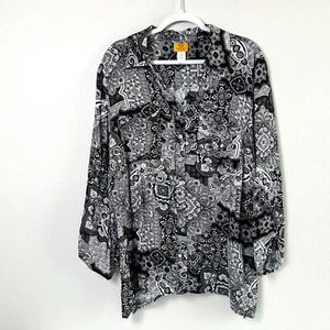 Top Ruby Rd taglie forti 1x nero grigio paisley rotolo linguetta manica bottoni davanti - Foto 1 di 11