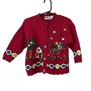 Cárdigan Suéter Vintage McKids Niño Pequeño 24 Meses Rojo Tejido Granja Escena Ramie/Cott - Imagen 1 de 7