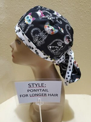 Sugar Skull Cats X-ray Halloween Women's Ponytail Surgical Scrub Hat/Cap - Image 1 of 4