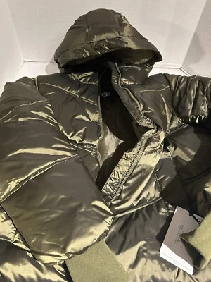 女士 UGG Ronney 裁剪 Puffer 夹克外套腰护目镜 Btol Olive Green M — 第 1/4 张图片