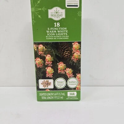 Holiday Time 3-Function 18 LED Santa Warm White Lights Green Wire 5.6 ft Battery - Image 1 of 4