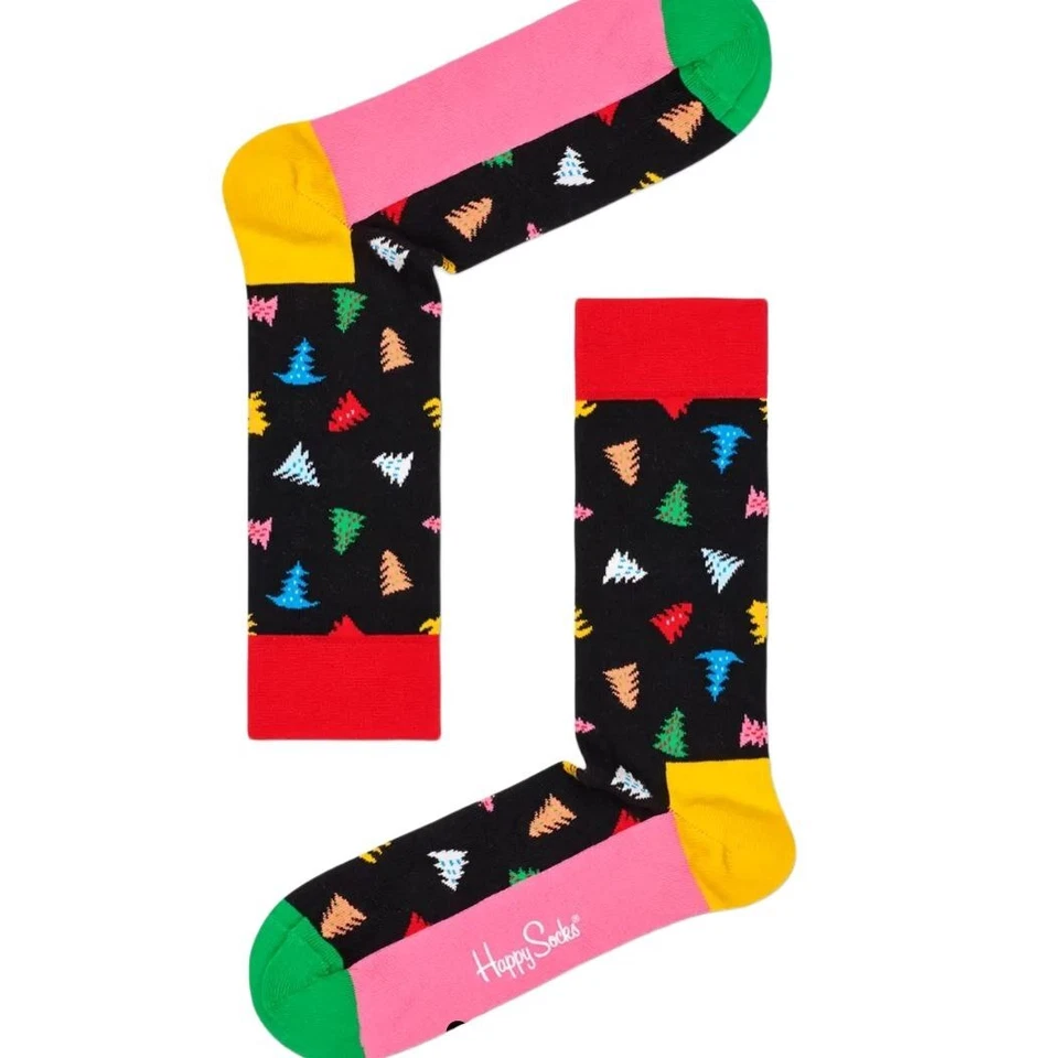 Happy Socks Hombre Negro Navidad Trees And Algodón Peinado Crew Calcetines 8-12 - Imagen 1 de 1