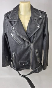 AllSaints Damen schwarz Billie Oversize Distress Leder Biker Jacke Größe Small - Bild 1 von 5