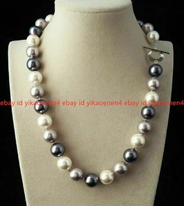 Natural 12mm Black White Gray South Sea Shell Pearl Gemstone Necklace 18'' AAA - Picture 1 of 12