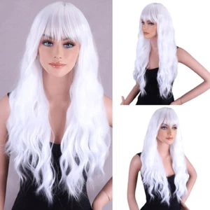 White Long Curly Wavy Full Wig With Bangs Heat Resistant Fiber Synthetic Wigs - Picture 1 of 11