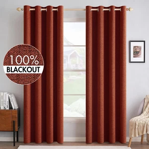 100% Blackout Linen Curtains for Bedroom Thermal Insulated Burnt Orange Grommet - Picture 1 of 8