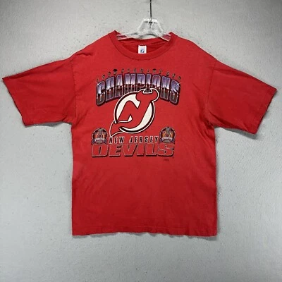 New Jersey Devils Shirt Adult XL Red Logo 7 VTG 90s Single Stitch Destroyed 95 * - Image 1 of 4