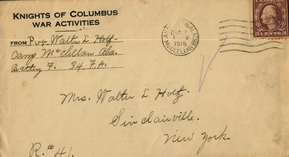 US Knights of Columbus WWI cover to Sinclairville, NY  c1918 - Image 1 of 1