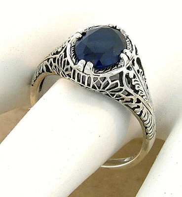 DECO ANTIQUE STYLE 925 STERLING SILVER LAB-CREATED SAPPHIRE FILIGREE RING   #806 - Image 1 of 4