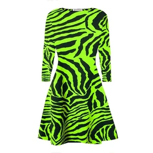 Womens Zebra Print Swing Dress Long Sleeve Stretchy Skater A Line Flare Mini Top - Picture 1 of 7