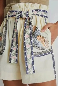 Anthropologie Annaleigh Piper bestickte Shorts mit Gürtel Gr. M Boho Cottagecore - Bild 1 von 17