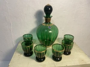 Antiguo juego de licor jarra de vidrio 6 vasos de licor fa. Cristal Marte Vintage Fb. oro verde - Imagen 1 de 5