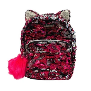Justice Girls Mini Cat Backpack Hot Pink & Black Sequin With Pom Pom Keychain - Picture 1 of 9