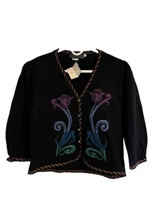 NWT Cullinane Womens Small Black LS V-Neck Floral Cardigan Sweater $158 USA Made - Picture 1 of 10