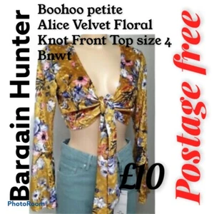 Boohoo petite Alice Velvet Floral Knot Front Top size 4 Bnwt - Picture 1 of 5