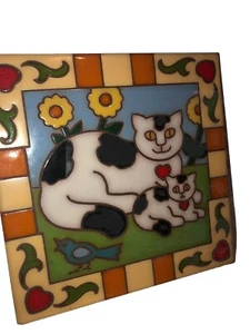 "Azulejo Italia pintado a mano blanco y negro gato y gatito terracota 8"" de colección divertido" - Imagen 1 de 9