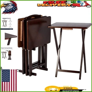 4-Pack Classic Espresso Folding Tray Tables with Storage Rack for Versatility - Picture 1 of 9