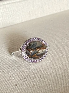 Sterling Silver Bronze Abalone & Amethyst East-West Halo Ring Size 6 - Picture 1 of 10