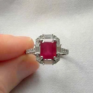 Emerald Cut 3.80 Ct Natural Ruby Diamond Engagement Ring 14K White Gold7 8 - Picture 1 of 7