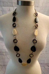 Collar Boho Cuentas Largas 36" Largo Crema Marrón Tono Dorado Cadena Sin Cierre - Imagen 1 de 5