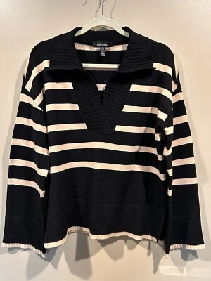 ELLEN TRACY 毛衣领 V 领条纹套衫套衫黑色和棕褐色,尺寸 LG — 第 1/4 张图片
