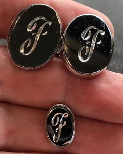 Tie Tack & Cuff Link Set Silver Tone Oval Monogram Letter F MCM Vintage Men's - Picture 1 of 8