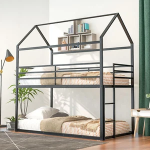 Twin over Twin Size House Bunk Bed Metal Bed Frame Built-in Ladder For Bedroom - Picture 1 of 29