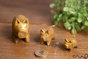 Handmade Gold Wooden Pig Family Hand Carved Animals Crafts Home Decor Gift - Picture 1 of 11