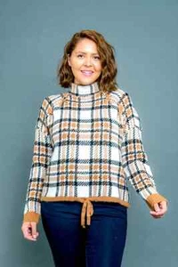 Plus Size Long Sleeve Argyle Plaid Mock Neck Sweater With Drawstring Waist 1X - Picture 1 of 10