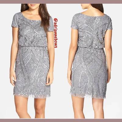 NEW Adrianna Papell Short Sleeve Beaded Blouson Dress in Grey [SZ 8 ] #N06 - Image 1 of 4
