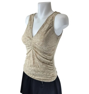Rampage Y2k Babydoll Top Womens Medium Beige Lacey Floral Ruched Front Office - Image 1 of 4