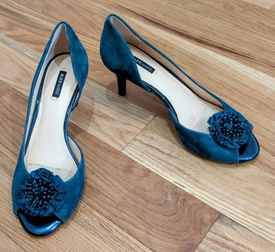 Zapatos de salón Alex Marie de gamuza con cuentas verde azulado oscuro punta abierta talla 7 Foto 1 de 4