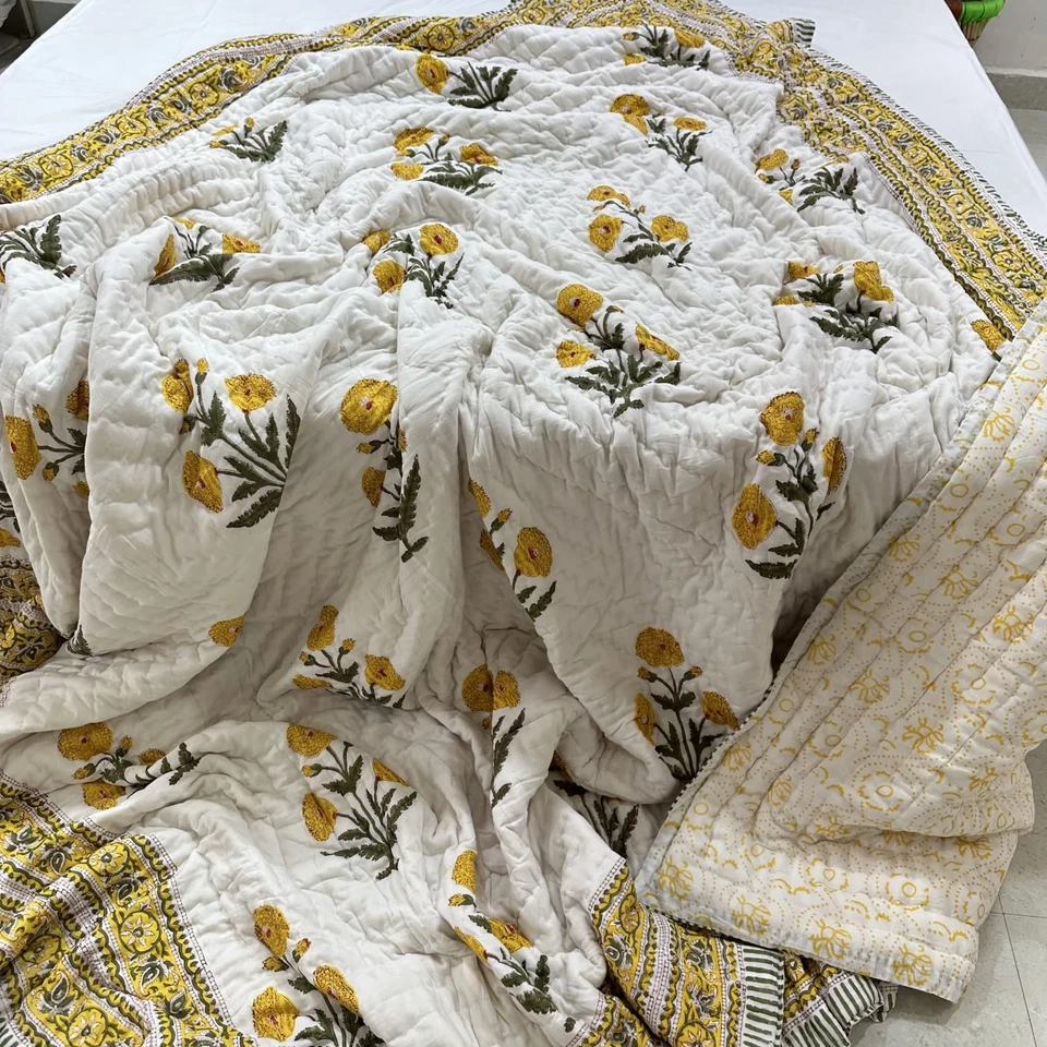 Edredón indio reversible manta de algodón hecho a mano estampado de bloques edredón amarillo  Foto 1 de 1